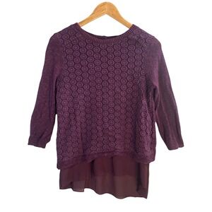 Lucky Brand Crochet Lace Mixed Media Sweater Womens Medium Plum Purple Layered